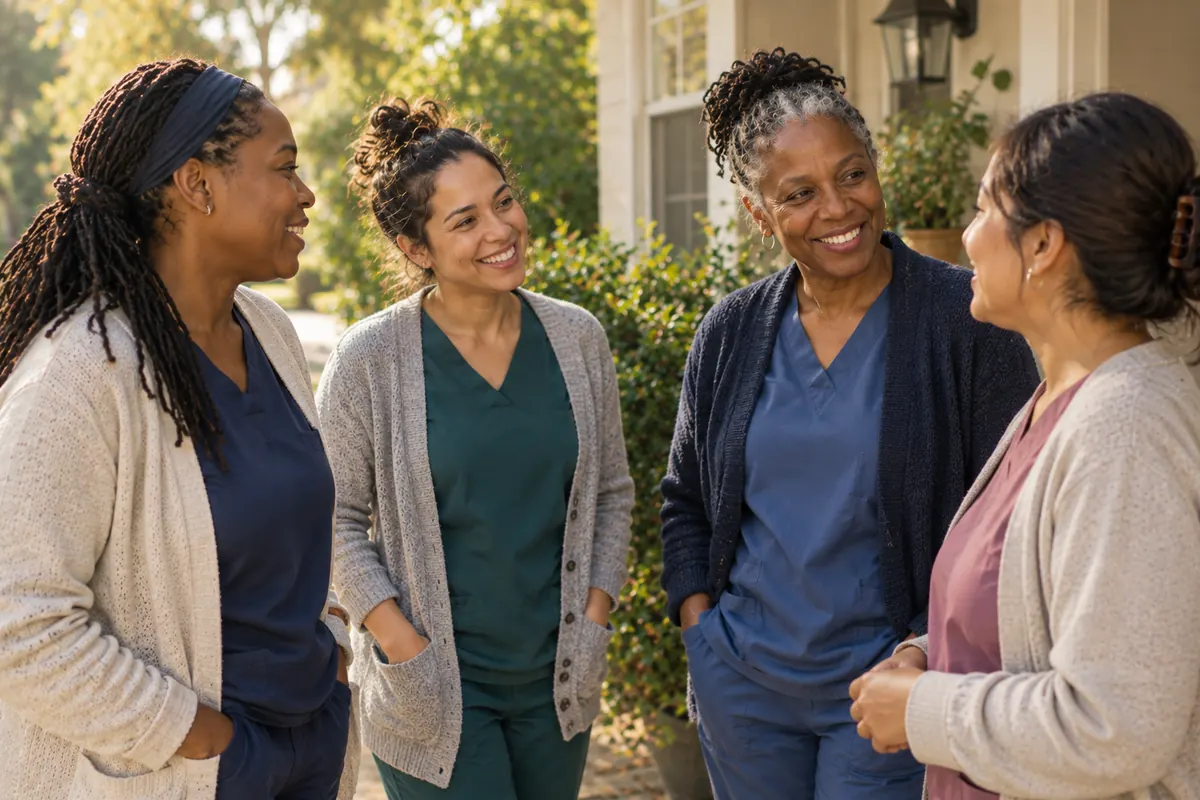 A group of caregivers talking and smiling together outside a home