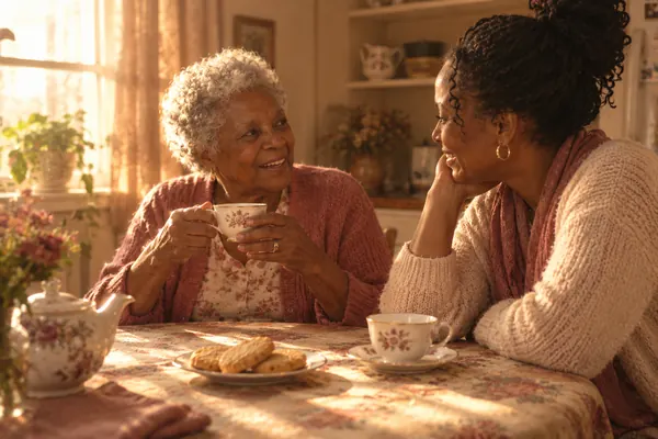 Two women sharing tea at a kitchen table