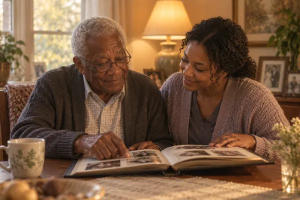A caregiver and an older man looking through a photo album