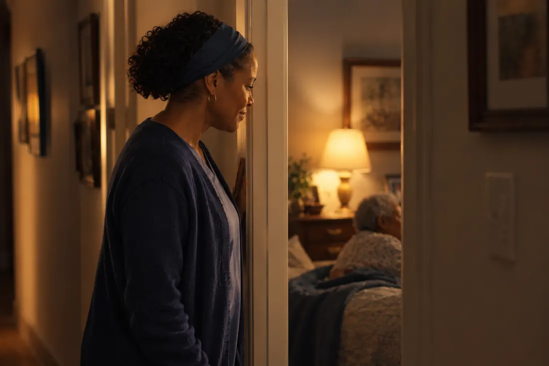 A caregiver quietly checking on a sleeping client from a softly lit doorway at night