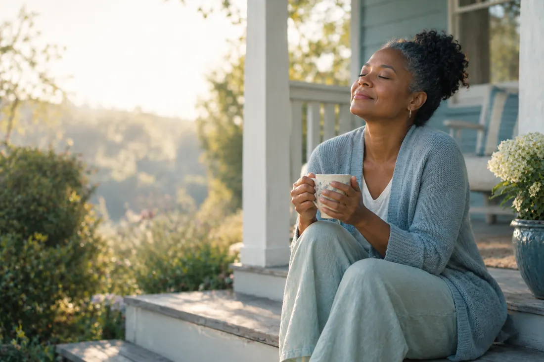 A woman resting on her porch steps with a cup of coffee, eyes closed in the morning light